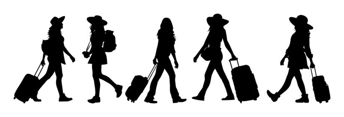 Vector illustration. Silhouette of a woman traveler with a suitcase. Big set of shadows.