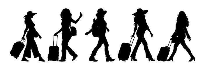 Vector illustration. Silhouette of a woman traveler with a suitcase. Big set of shadows.