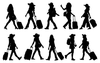 Vector illustration. Silhouette of a woman traveler with a suitcase. Big set of shadows.