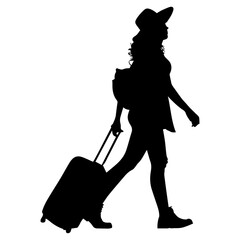 Vector illustration. Silhouette of a woman traveler with a suitcase.