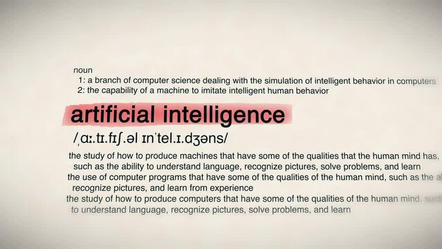 The Word Artificial Intelligence Red Highlighted in a Dictionary Animation