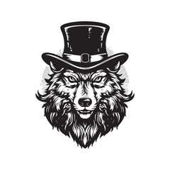 wolf magician, vintage logo line art concept black and white color, hand drawn illustration