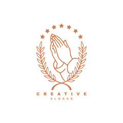 pray hand gesture logo design. Hope hand with wheat and star logo vector