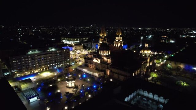 Guadalajara Night Aerial of Plaza de Armas and Catedral
