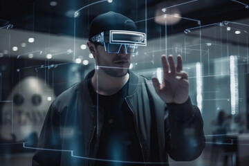 Young man standing in cyber room, wearing virtual reality goggles. Adult looking in VR glasses, experiencing 3D gadget technology. Simulator glasses another reality concept. Generative AI Technology