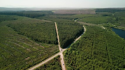 Clocaenog Forest scenic roads at the side of Llyn Brenig, Denbigh Moors, Wales - Aerial drone flyover - June 23