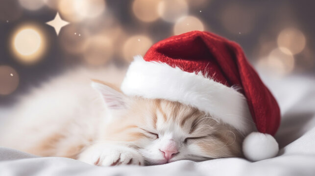 Cute kitty sleeping in santa hat on bed. Bokeh background. AI generated.