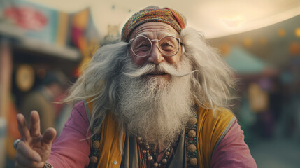 Obraz premium Hippie happy elderly man. AI generated.