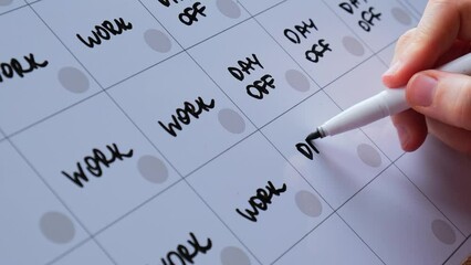 Unrecognizable person write on Magnetic board 4 day work week calendar with three weekend days off four day working week concept. Modern approach doing business short workweek. Effectiveness of