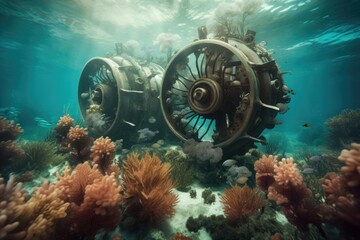 Enchanting Underwater Turbines and Vibrant Coral Reefs  Generative AI Digital Illustration Part#060623 