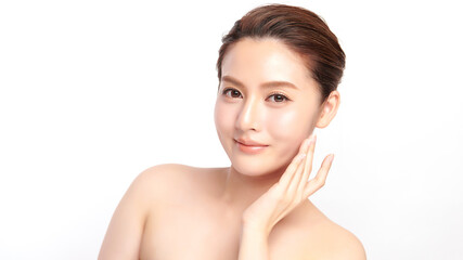 Obraz na płótnie Canvas Beautiful young asian woman with clean fresh skin on white background, Face care, Facial treatment, Cosmetology, beauty and spa, Asian women portrait.