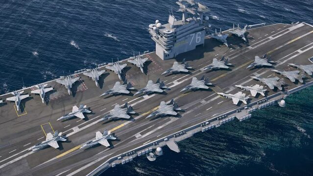 Fighter jets on an Aircraft Carrier. F-16 Fighting Falcon, F-18 hornet. Jet planes, F-35, USA Fighter jets, U.S. Navy, War, Warfare, 3D animation,  Modern Warfare. Russia, China, America, Air Force.