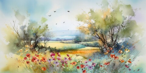 Naklejka na ściany i meble Blossoms in Harmony: A Vibrant Spring Meadow Awakens Generative AI Digital Illustration Part#060623 