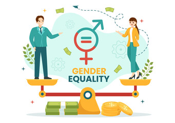 Fototapeta na wymiar Gender Equality Vector Illustration with Men and Women Character on the Scales Showing Equal Balance and Same Opportunities in Hand Drawn Templates