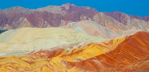 Papier Peint photo Zhangye Danxia Panorama of the three layers of Rainbow mountains, Zhangye Danxia geopark, China