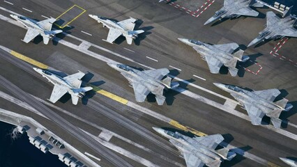 Fighter jets on an Aircraft Carrier. F-16 Fighting Falcon, F-18 hornet. Jet planes, F-35, USA Fighter jets, U.S. Navy, War, Warfare, 3D animation,  Modern Warfare. Russia, China, America, Air Force.
