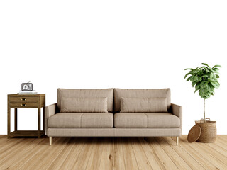 Free PNG a sofa in a empty room with a plant. Decorated home mockup with free space. 3d illustration, 3d rendering