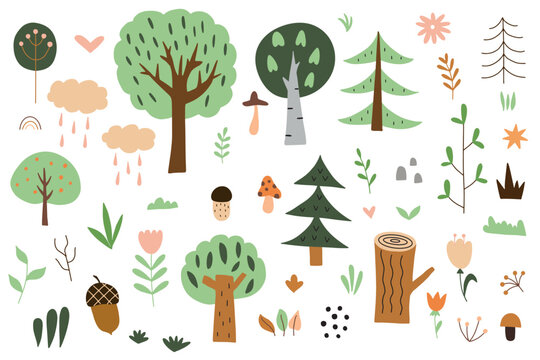 Set of cartoon forest trees. Simple vector set of green trees and nature elements on white background