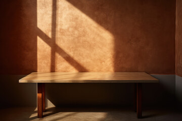 Empty minimal table and brown texture wall background. Composition mock up for branding product, cosmetic presentation with window shadows on the wall with light reflections. Generative AI