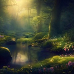 Obraz premium mornithe stillness of a tranquil forest gladeng in the woods