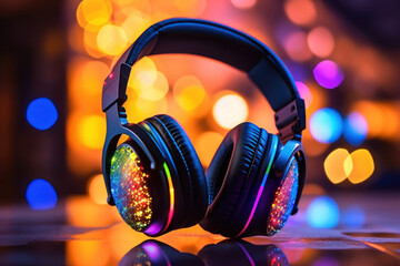Futuristic headphones with multicolored neon background. 