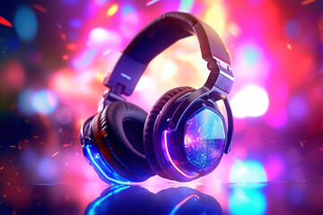 Fototapeta na wymiar Futuristic headphones with multicolored neon background. 
