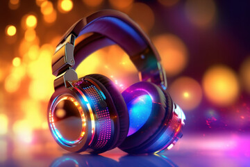 Fototapeta na wymiar Futuristic headphones with multicolored neon background. 
