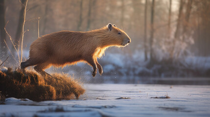 capybara jumping river winter season warm light