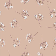 Seamless floral pattern with branches of white campion flower. Silene latifolia. On pink background.