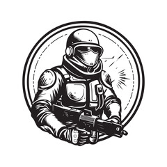 science fiction soldier, vintage logo line art concept black and white color, hand drawn illustration