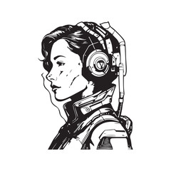 science fiction cyborg female, vintage logo line art concept black and white color, hand drawn illustration © Artcuboy