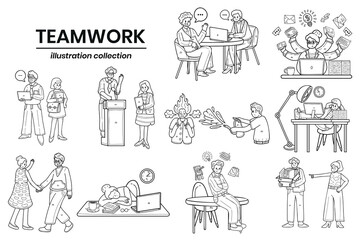 Hand Drawn Business people and teamwork in the workplace in flat style illustration for business ideas