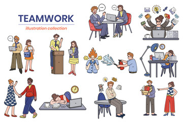 Hand Drawn Business people and teamwork in the workplace in flat style illustration for business ideas