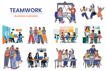 Hand Drawn Business people and teamwork in the workplace in flat style illustration for business ideas