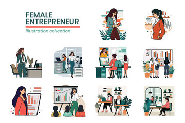Hand Drawn female entrepreneur with business in flat style illustration for business ideas
