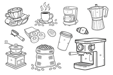 Hand Drawn coffee equipment collection in flat style illustration for business ideas
