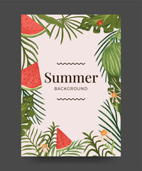 Summer background poster with tropical leaves, exotic fruit and flowers. Summer poster illustration