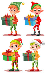 Set of cartoon character holding Christmas gift