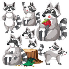 Set of raccoon cartoon character with head and facial expression