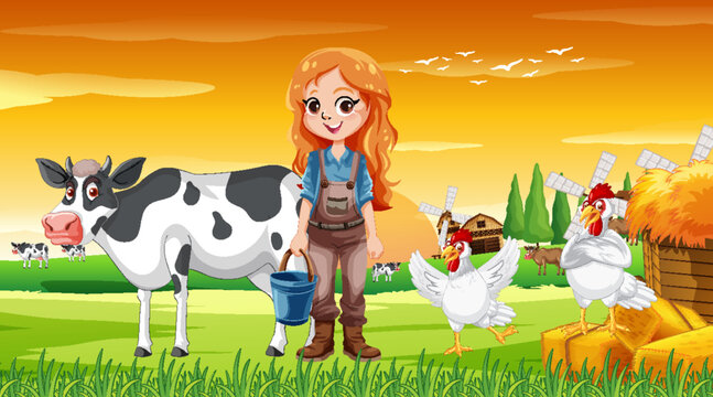 Cute farmer cartoon character ay rural farm land