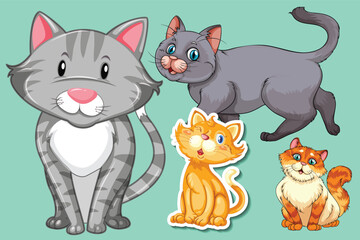 Cute cat cartoon set. Vector illustration for design. Pro Vector Set of cute cats of different breeds in flat cartoon style
