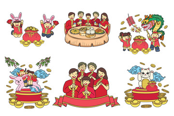Hand Drawn Chinese children and family collection in flat style illustration for business ideas