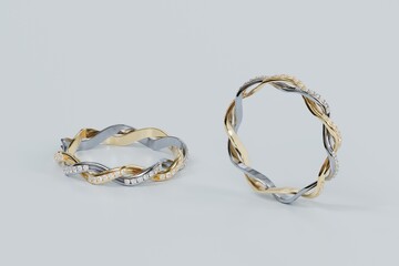 3D render design of twisted rings with diamonds surrounding the ring on white background.