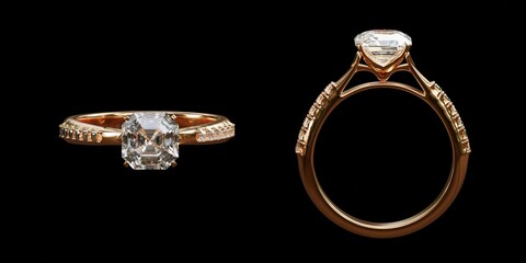 3D render. Side view and top view of a gold rings with diamonds surrounding the ring on isolated background.