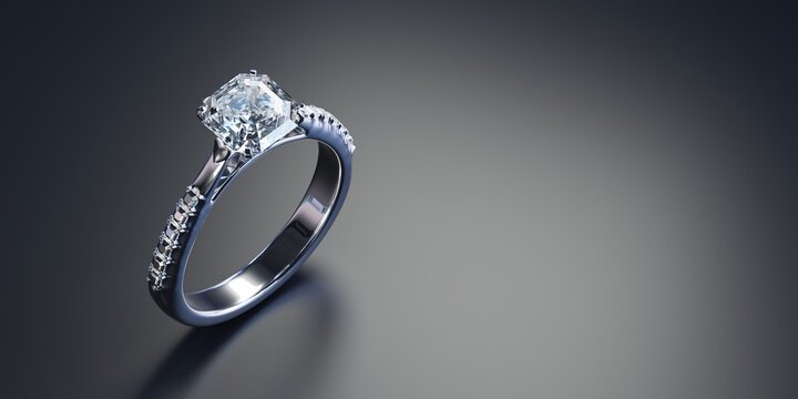 3D render design of platinum ring with diamonds surrounding the ring on black background.