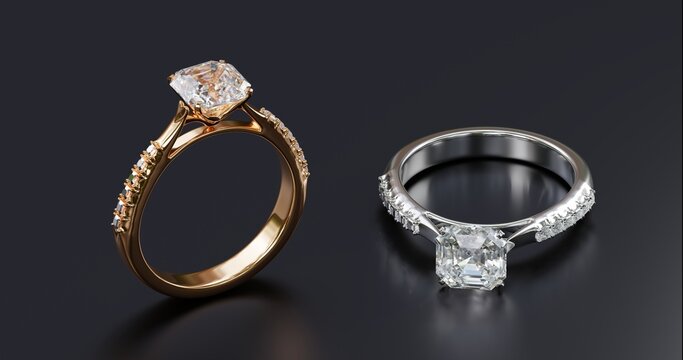 3D render design of platinum and gold rings with diamonds surrounding the ring on black background.