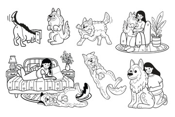 Hand Drawn German Shepherd Dog and family collection in flat style illustration for business ideas