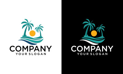 Summer travel vacation vector logo concept illustration in circle shape. Paradise beach color graphic sign. Sea resort, sun, mountains, palm tree and waves.