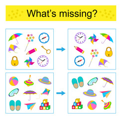 Puzzle game for kids. Task for the development of attention and logic. Find the missing object.
