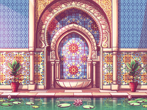 The colorful door to Moroccan-style building in a patio with a pond